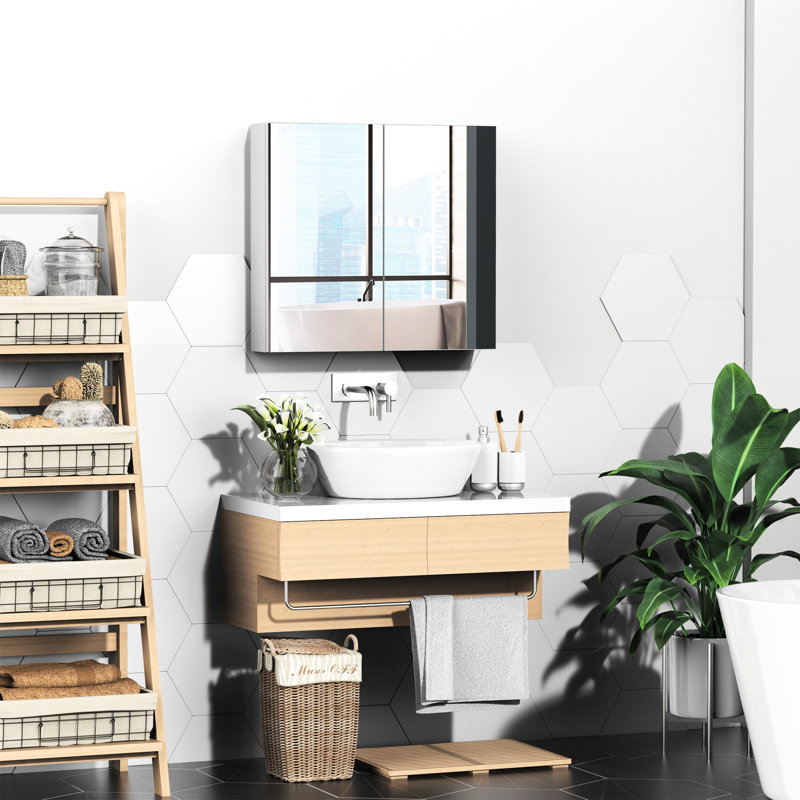 Armoire de salle de bain blanche 24 po x 22 po, structure en acier avec portes doubles pour fondation, miroir d'armoire, rangement