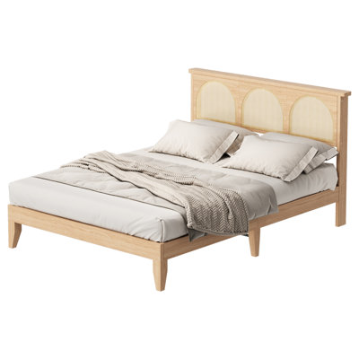 Rattan Bed Frame with Natural Rattan Headboard, Full Bed Frame with LED Lights, Platform Bed Frame with Headboard, No Box Spring Needed