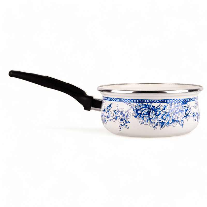 Blue Toile de Jouy Enamel Saucepan 1.45-qt with Liter Scale