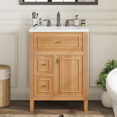 Meuble-lavabo de salle de bain avec lavabo, structure en bois massif, panneaux de fibres à densité moyenne, tiroir rabattable et grand espace de rangement pour les salles de bain modernes