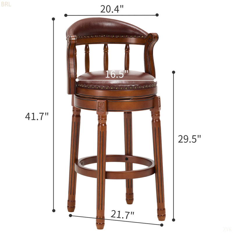 Cow Top Leather Wooden Bar Stools, 360 Degree Swivel Bar Height Chair With Backs For Home Kitchen Counter, Brown