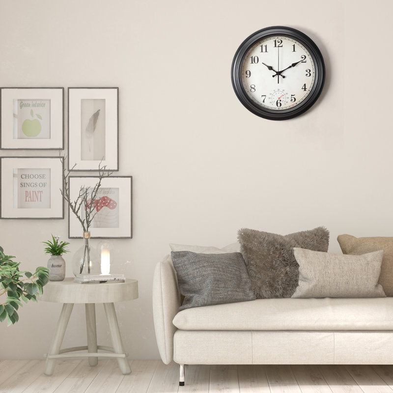 Horloge murale américaine en plastique avec thermomètre 16 pouces - noir