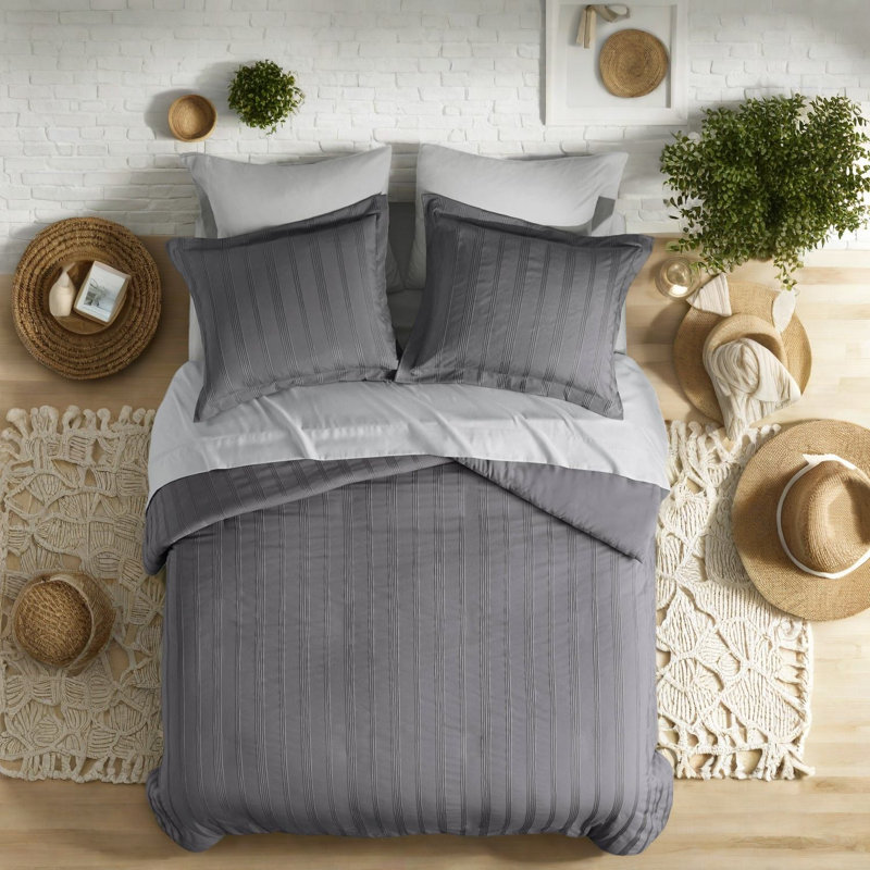 Elegant Bedding Sets, Polyester Charcoal Stripe, Modern Queen Style