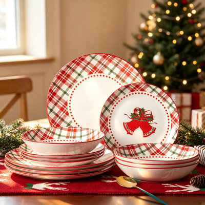ALOFMO 12 Piece Christmas Red Dinnerware Set with Color Box, Bowl and Plate Set for 4