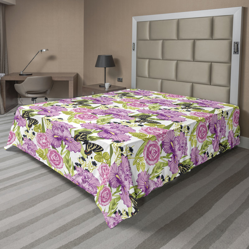 Drap plat Ambesonne Spring Papillons Iris Rose Fleur Avocat Vert pâle / mauve, Drap plat pour très grand lit californien