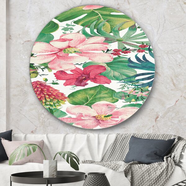 Bless international Tropical Red And Pink Flowers On Metal Circle Print ...