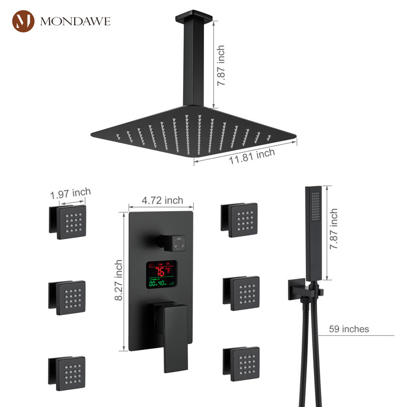 Système de douche de luxe avec affichage numérique Herathena (valve brute incluse), Noir mat