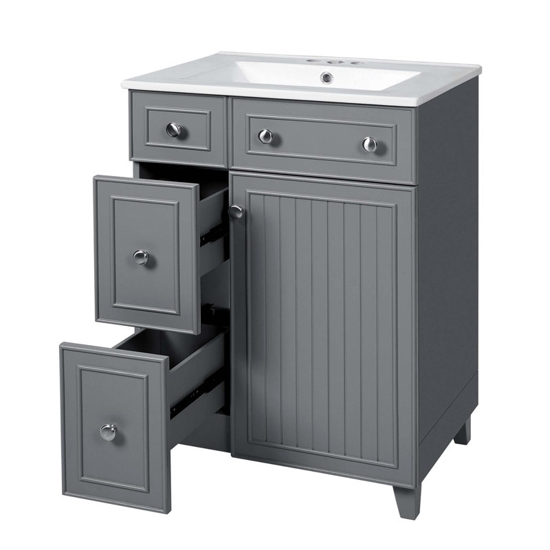 Meuble-lavabo 24 po avec lavabo en céramique, 2 tiroirs, 1 porte à fermeture en douceur, Gris, Argent argent