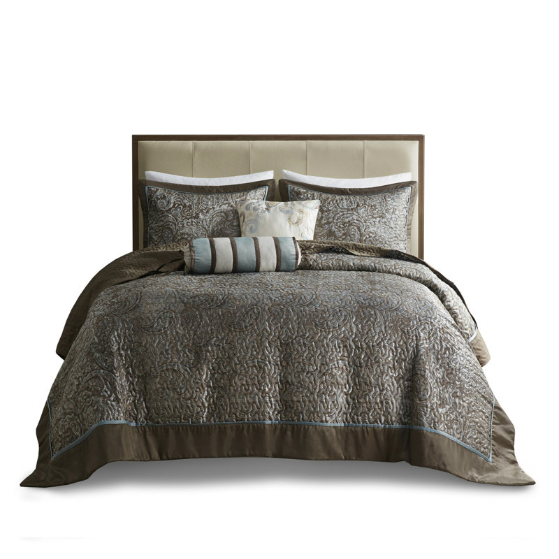 Bedspread Featuring Embroidery With Pillows In Splendid, Blue/Brown, King Comforter + 2 Shams + 2 Decorative Pillows