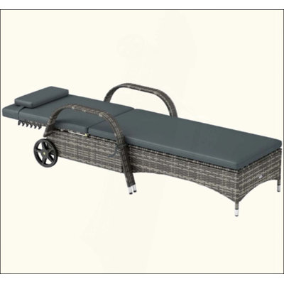 Chaise longue en rotin à dossier ajustable, chaise longue d'extérieur avec roulettes, coussin et appui-tête
