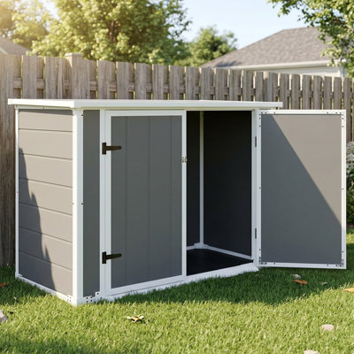 Horizontal Outdoor Storage Shed with Ramp & Hydraulic Lid, Lockable Waterproof Storage Cabinet for Trash Cans, Tools & Firewood