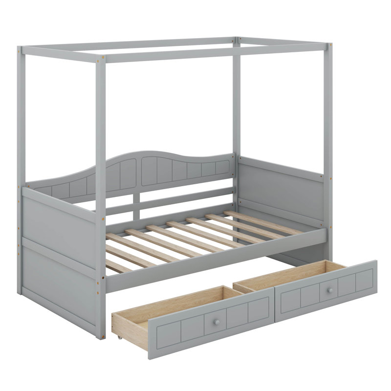 Lit à baldaquin simple, structure de lit de jour avec 2 tiroirs et support en lattes de bois pour les adultes, Gris