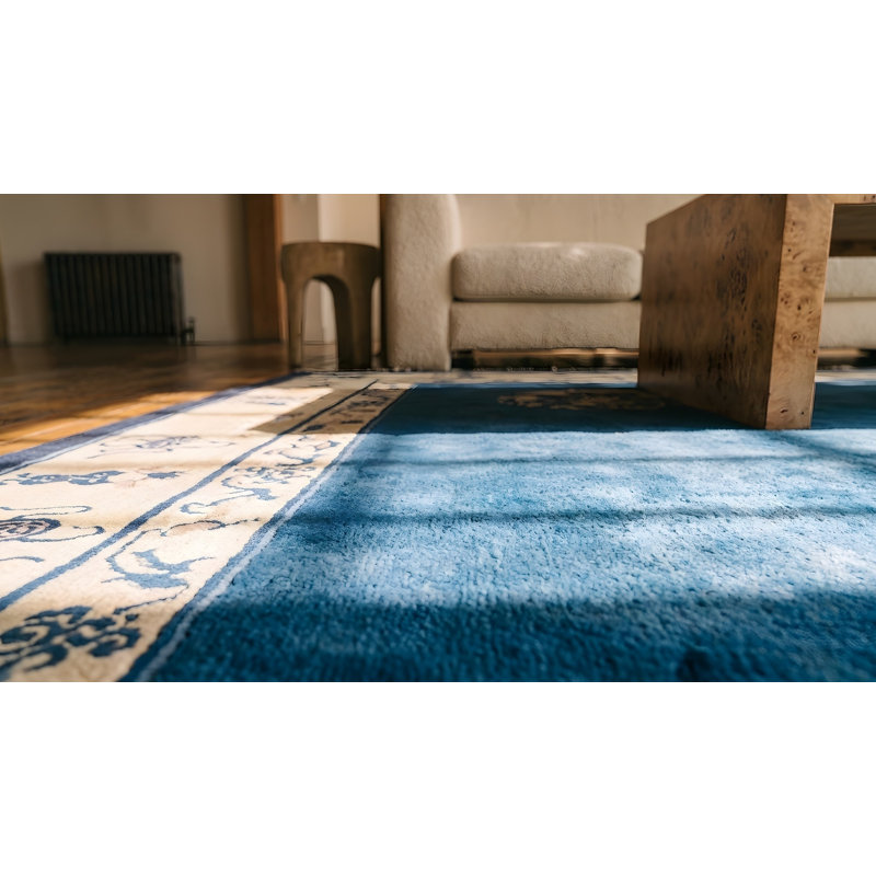 Antique Hand Knotted Pile Wool Blue 1900s Rectangle Rug