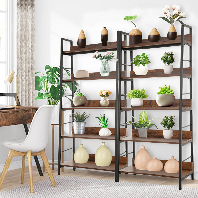 59'' H x 28'' W 5-Tier Iron Ladder Bookcase Industrial Metal Freestanding Shelves Rack Organizer Display, Brown/Black