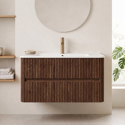 Meuble-lavabo suspendu de 91 cm (36 po) avec lavabo en céramique blanche et deux tiroirs en noyer rétro