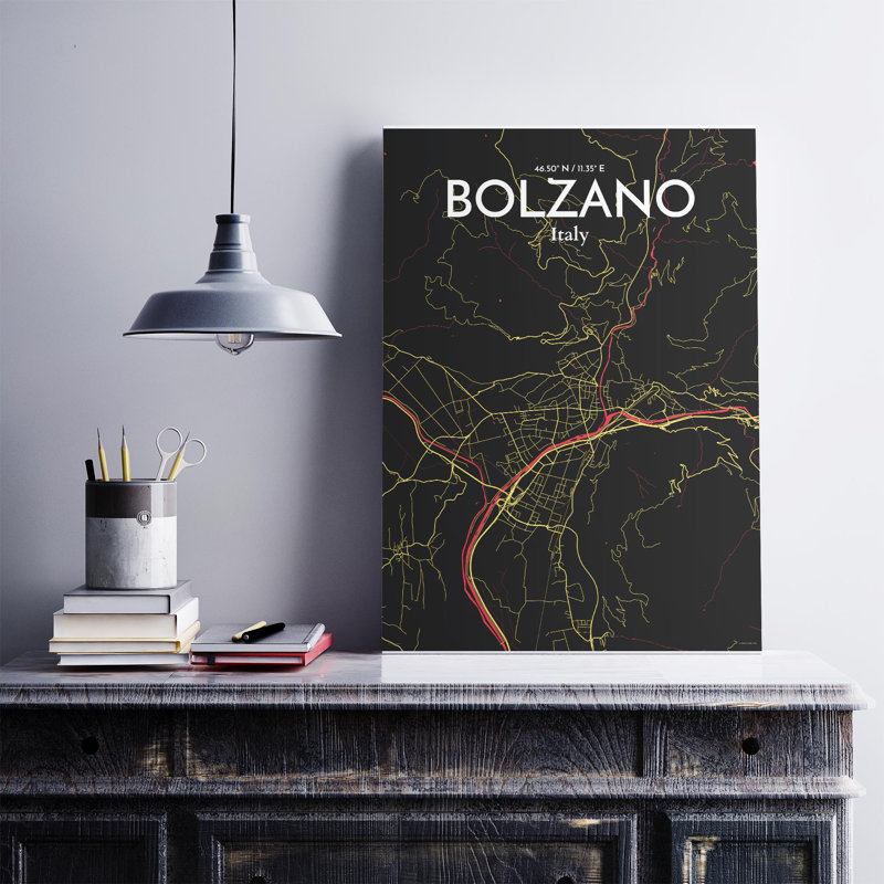 «Bolzano City Map», impression, Noir / rouge / jaune, H 27,6 po x l 19,7 po x P 0,05 po