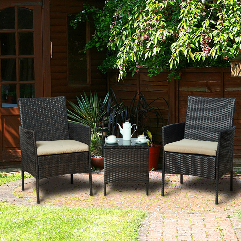 3 Pieces Outdoor Wicker Front Porch Bistro Set Patio Chairs Conversation Set(Burgundy Cushion), Beige