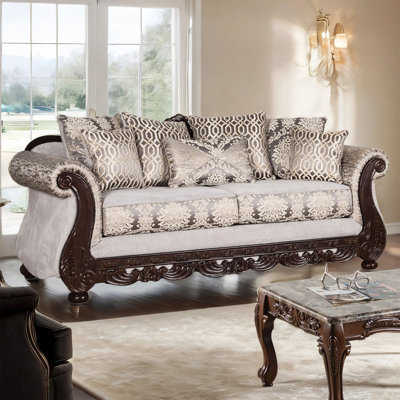 95.4" W Traditional Sofa, Beige/Dark Cherry