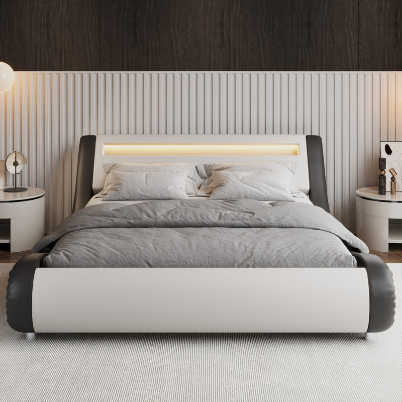 Charlesten Vegan Leather Platform LED Lights Bed with Wooden Slats and Adjustable Headboard, RGB Lighting & Music Sync, No Box Spring Needed