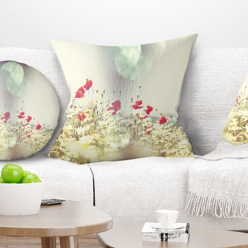 Champ de coquelicots rouges et blancs - Coussin imprimé floral, 16 po x 1 po, Coussin décoratif