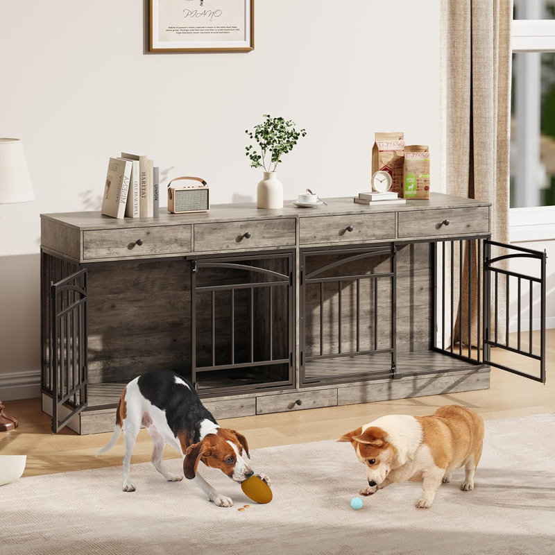 Meuble double pour 2 chiens de petite / moyenne taille - chenil d'intérieur, 4 tiroirs de rangement, bols à nourriture intégrés, meuble télé, assemblage facile, finition gris délavé