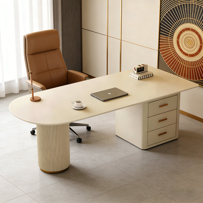 Cream Style White Sintered Stone Office Desk, Semi-Circular Design with Drawer Cabinet, 29.53" H x 62.99" W x 31.5' D