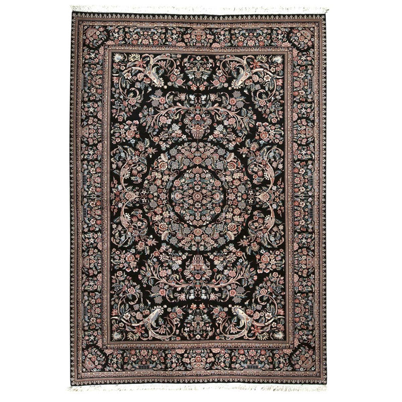 Tapis noir / blanc / rose noué à la main de haute qualité