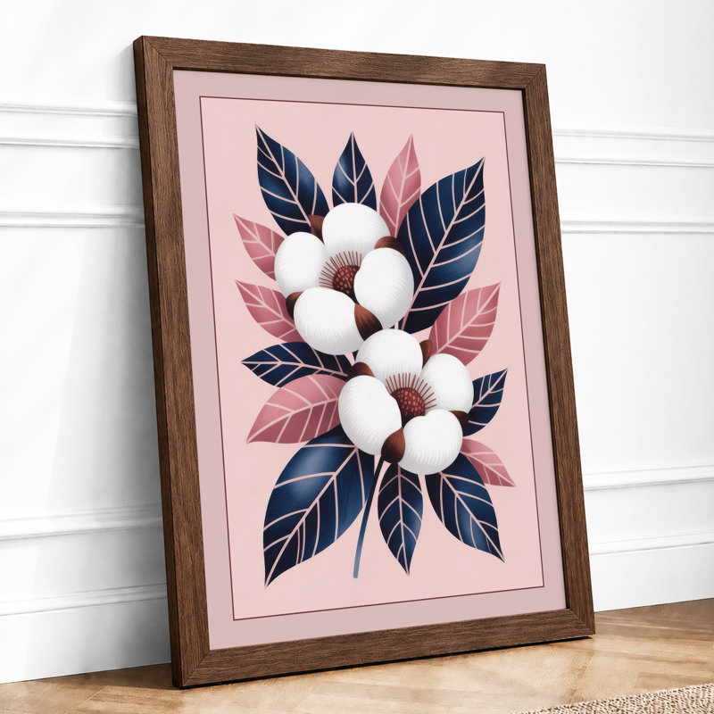 Cotton Wreath Botanical - Framed Print, A2 - 59.4 x 42.0 cm, Walnut
