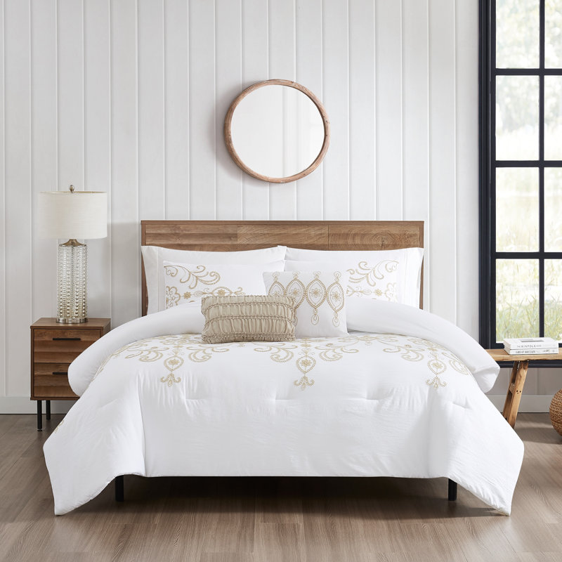 Modern Threads Sabrina 5-Piece Jacquard Comforter Set with Shams and Decorative Pillows in White with Gold Embroidery