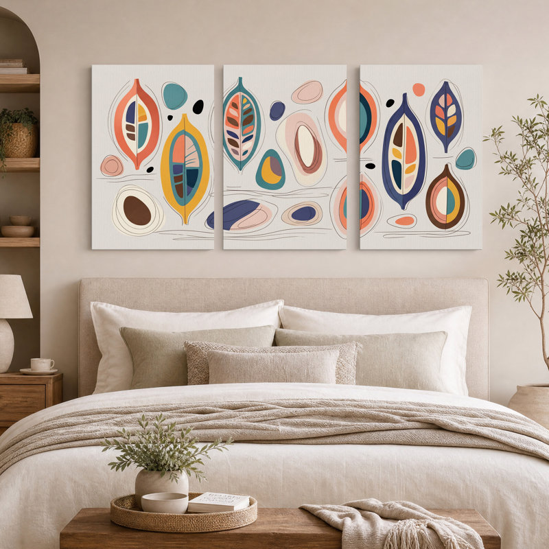 Ensemble de 3 toiles murales à motif de feuilles stylisées turquoise et orange, 36"H x 24"W x 3pcs