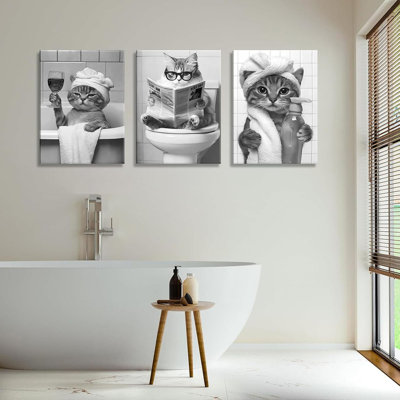 Black And White Cat Bathroom Canvas Wall Art Funny Cute Animal Poster Prints Artwork Pictures Humor Animals Paintings For Lavatory Restroom Toilet Home Decor 16X24 Inch (Canvas)