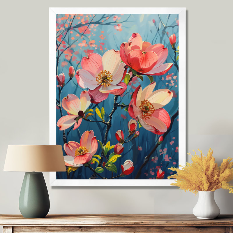 Collage de fleurs de cornouiller rose et bleu, Cadre simple blanc, H 16 po x l 32 po