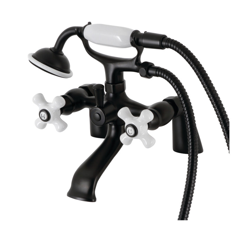 Kingston Brass Kingston Three-Handle 2-Hole Deck Mount Clawfoot Tub Faucet with Hand Shower, Matte Black