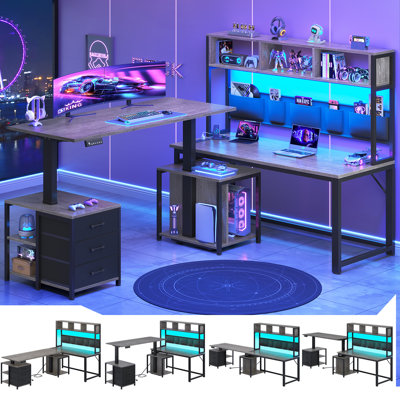 Bureau d'ordinateur en L pour bureau de jeu debout en L à 3 tiroirs, hauteur réglable réversible de 94,5 po avec lumières DEL, prise de courant et tablettes de rangement, brun
