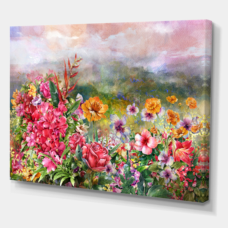 Fleurs printanières multicolores sur fond brumeux - Impression sur toile, H 36 po x l 46 po x P 1,5 po, Toile tendue