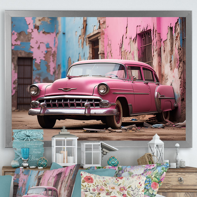 " Cuba Pink Car Impression ", Silver Single Picture Framed, 24'' H x 32'' W x 1" D