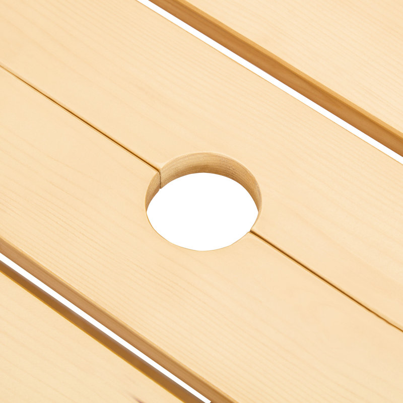 Table de pique-nique en bois naturel - 4 trous de parasol encastrés pour patio et cour arrière pour 8 personnes avec bancs. Trou, météo, pour le jardin