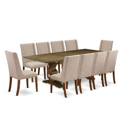 7 Piece Kitchen Table & Chairs Set Consist of a Rectangle Removable Leaf Dining Table and 6 Light Tan Linen Fabric Parson Chairs, Antique Walnut