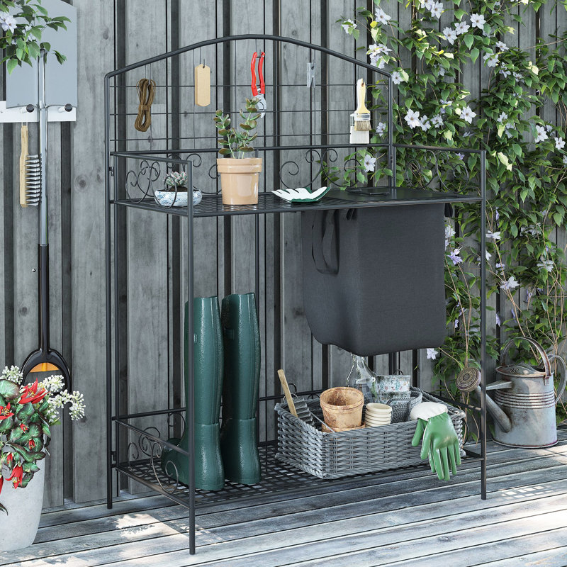 Table de rempotage en métal avec fonction pliable, grande housse de rangement, 5 crochets de suspension et tablette, ergonomique pour une expérience de jardinage facile, fonctionnalité de banc noir, travail sans effort,