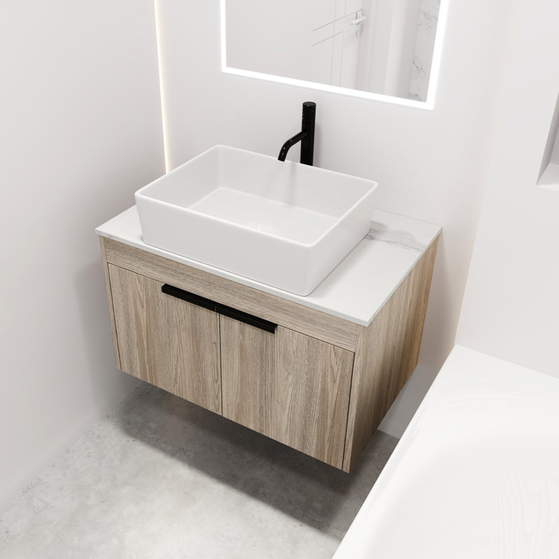 Meuble-lavabo mural de 30 po en chêne blanc avec lavabo en céramique, porte à fermeture en douceur, finition de rangement abondante à fermeture douce