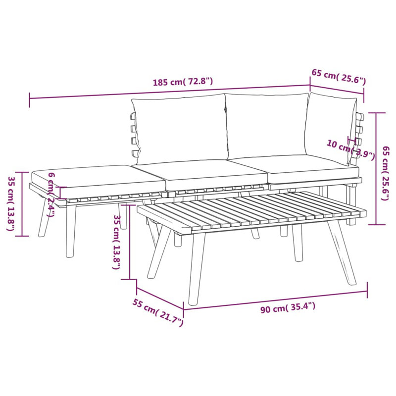 Chaise longue avec coussins 4 pièces Damita, 4 pièces: coin, milieu, repose-pieds, table