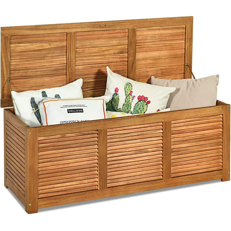 Large Acacia Wood Outdoor Storage Bench – Brown Deck Box For Patio Furniture, Cushions, And Garden Tools, Brown