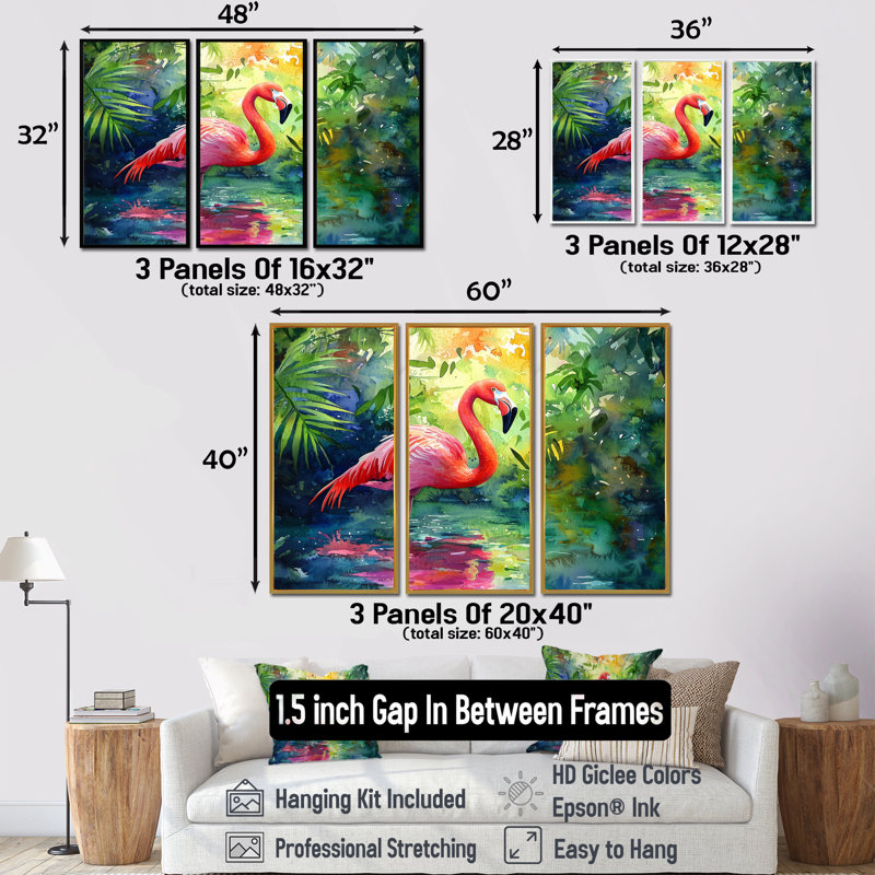 Flamant rose dans le lagon II - décoration murale flamant rose - 3 pièces, Érable, H 28 po x l 36 po