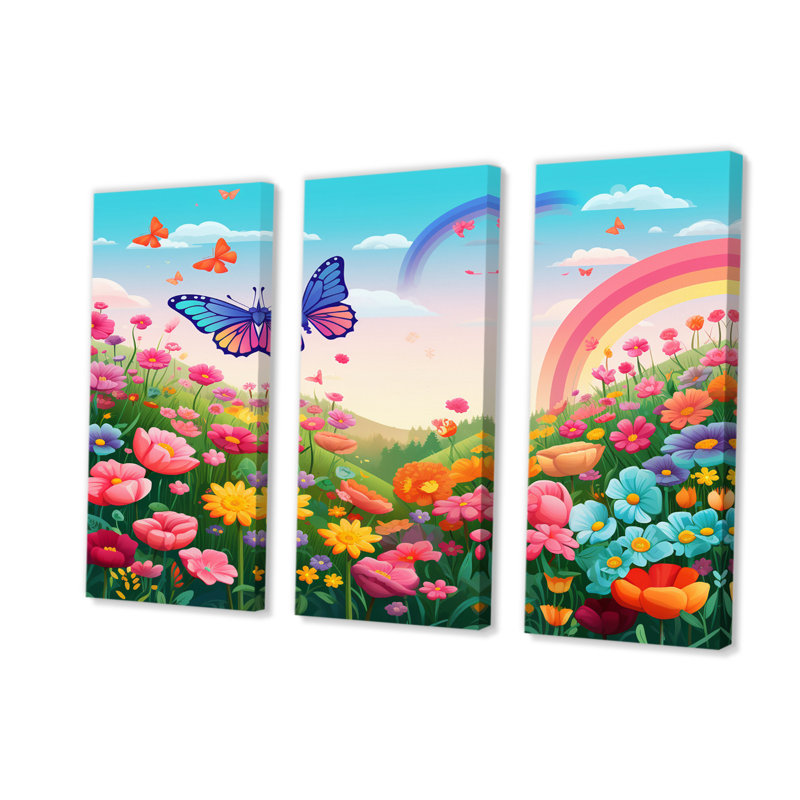 Elisabetta " Purple Butterfles Idyllic Rainbow Flowerfield I " 3 - Pieces, 28" H x 36" W x 1" D