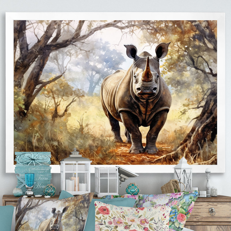 Wild Rhinoceros II sur toile, H 12 po x l 20 po x P 1 po, Cadre simple blanc