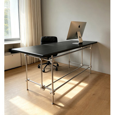 Industrial Writing Desk With Pine Wood Top And Stainless Steel Frame
