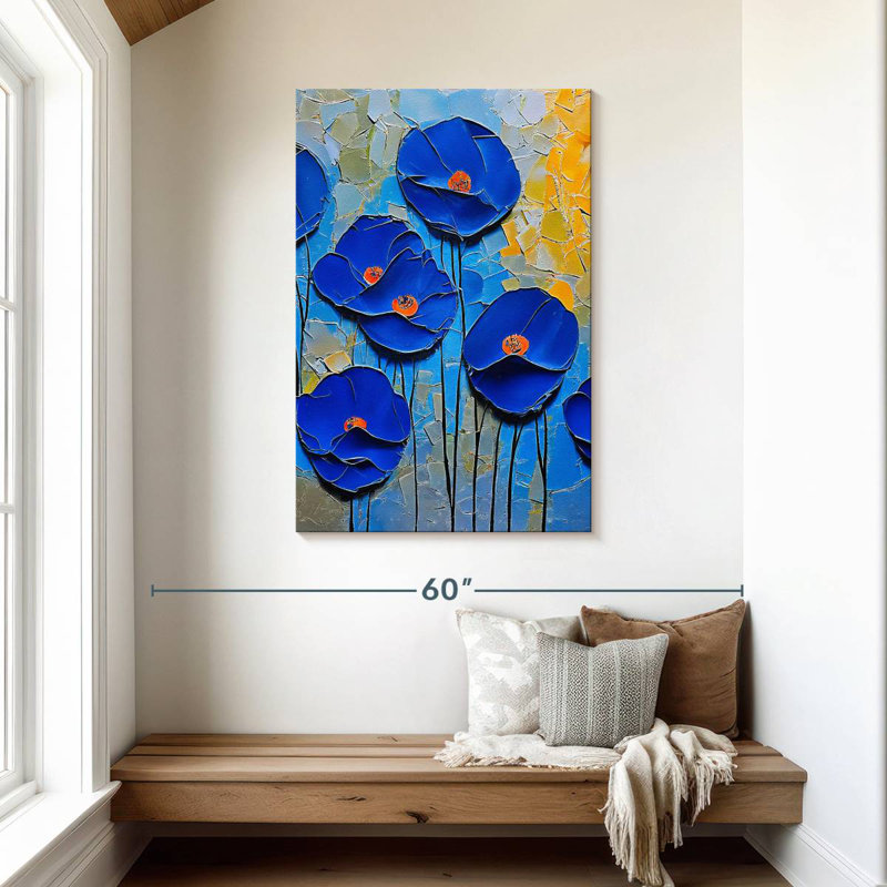 Coquelicots Harnek - Fresque moderne craquelée bleue, H 45 po x l 30 po