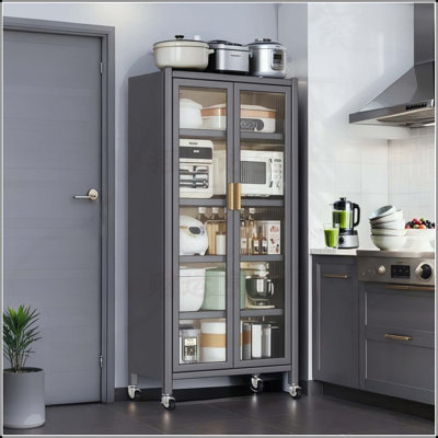 Durable 65 Inch 6 Tier Metal Kitchen Pantry Storage Cabinet with Transparent Doors, Adjustable Shelves, and Wheels for Flexible Organization