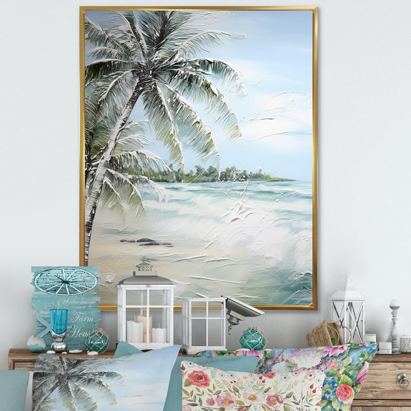 Palmier avec vue sur l'océan et paradis, Cadre flottant doré, H 44 po x l 34 po x P 1,5 po