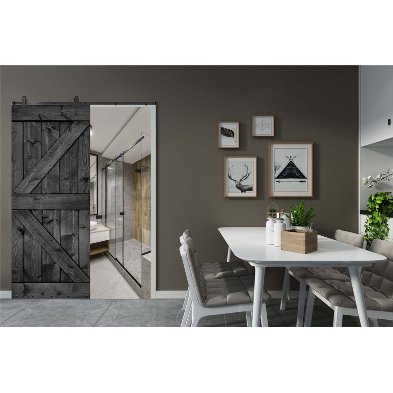Porte de grange en bois massif DIY 3 en 1 pour chambres, espaces de rangement, placards, 26 po x 84 po, Gris carbone